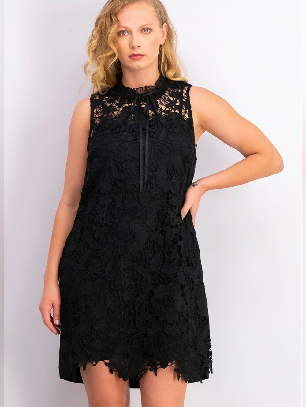 Kensie Black Lace Ruffle Neck Mini Dress Size S Whimsygoth Coquette Gothic